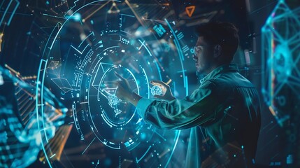 Fototapete - professional in a teal shirt demonstrating artificial intelligence technology using interactive digital graphics : Generative AI