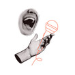 © LanaSham - Trendy halftone collage concept. Elements cut out from a magazine, mouth, hand holding linear microphone. Retro modern design. Vector illustration