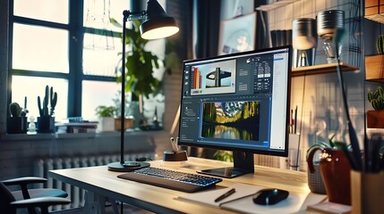 Poster - Graphic designer software for modern design of web page and commercial ads showing on the computer screen : Generative AI