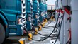 © MD Media - A row of electric powered ev trucks charging at an industrial outdoor facility. Ev logistic trailer truck or electric vehicle lorry at charging station