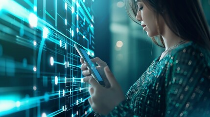 Business and technology software mobile app development IoT internet network communication concept Woman user using mobile smart phone with binary html computer code on screen : Generative AI