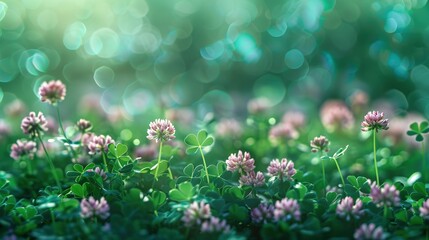 Wall Mural - Intimate view of clover flowers in a field with white flowers and green leaves with soft green trees blurred in the background