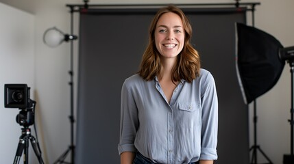 Wall Mural - Creative female photographer in a casual shirt, smiling confidently in a professional studio with lights and cameras, showcasing her love for photography and art