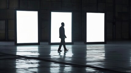 Poster - Marketing concept with businessman walking by three blank white digital screens with place for advertising or logo brand in abstract industrial dark hall with concrete floor and backgr : Generative AI