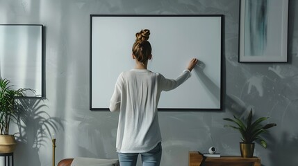 Poster - Rear view of a woman hanging a large poster frame on the wall in a modern apartment : Generative AI