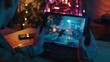 © The Little Hut - Mockup tablet on desk next to man in dark living room playing videogame on gaming PC Isolated screen portable device and gamer battling flying robots with futuristic gun in singleplaye : Generative AI
