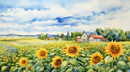 Wall Mural - A beautiful watercolor drawing of sunflowers 