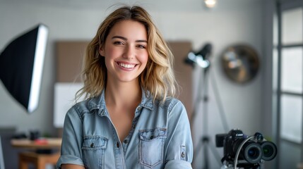 Wall Mural - Artistic female photographer in casual attire, smiling in a professional studio setting, surrounded by lights and cameras, capturing her love for photography