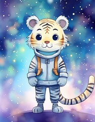 Wall Mural - cartoon tiger in the night on the moon