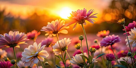 Sticker - Flowers bathed in the glow of the setting sun, sunset, nature, floral, bloom, vibrant, colorful, summer, dusk, evening, beauty