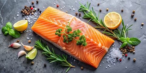 Sticker - Fresh raw salmon fillet garnished with culinary herbs, salmon, seafood, fish, raw, fillet, fresh, gourmet, healthy, protein