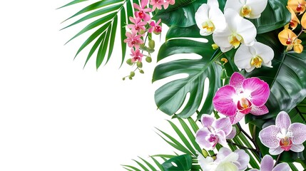 Tropical vibes plant bush floral arrangement with tropical leaves Monstera and fern and various orchids tropical flowers decor on tree branch liana vine plant isolated on white backgro : Generative AI