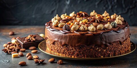 Poster - Decadent chocolate cake topped with an assortment of nuts, chocolate, cake, dessert, nuts, sweet, baked, delicious, temptation