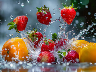 Sticker - Fresh Strawberries and Oranges Splashing in Water