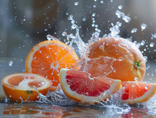 Wall Mural - Fresh Grapefruit Halves Splashed With Water