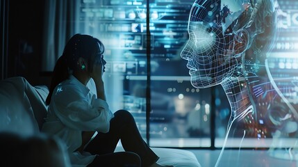 Fototapete - Human interact with AI artificial intelligence virtual assistant chatbot in concept of AI artificial intelligence prompt engineering LLM AI deep learning to use generative AI for work  : Generative AI