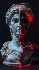 Poster - a bust of a woman with a broken face and red light coming out of her head