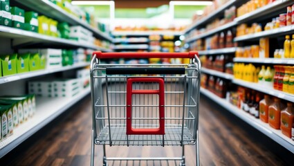 a shopping cart prominently in the foreground, with a red plastic basket and a metal img