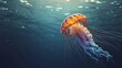 © The Little Hut - beautiful jellyfish floating in deep water background : Generative AI