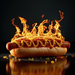 Sticker - A spicy hot dog burns on a black background