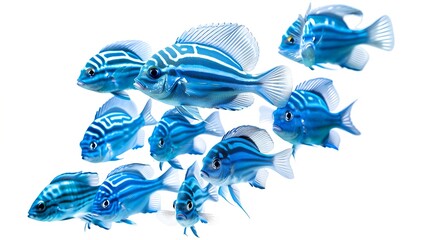 Wall Mural - Shool of blue tropical striped fish in the ocean isolated on white background Caesio Striata Striated Fusilier swimming  deep underwater in Red Sea Flock of tropical blue fish cut out : Generative AI