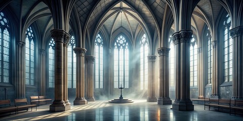 Poster - Foggy gothic chapel interior with tall windows and columns, foggy, ancient, chapel, hall, gothic, interior, tall windows, columns