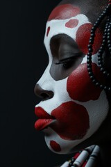 Poster - a woman with painted face and red and white beads