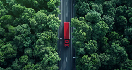 Wall Mural - aerial shot of a red truck driving on a highway through a forest, with trees all around the road.