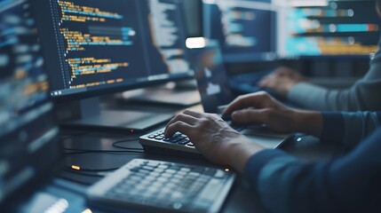 A software development designer or programmer is typing on a computer to create an application using an abstract code language in simulation Digital cyber security technology concept : Generative AI