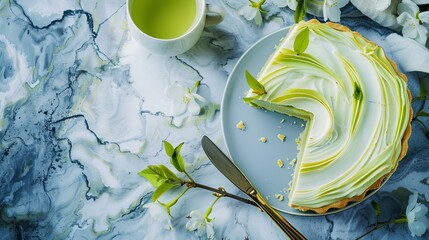 Wall Mural - Green tea pastry and thin pastry layers on a marble backdrop