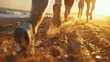 © lucegrafiar - Close up legs runner group running in Motion on Beach at Sunrise.