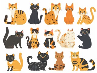 Cute doodle set of various cartoon cats in different poses. Illustration.