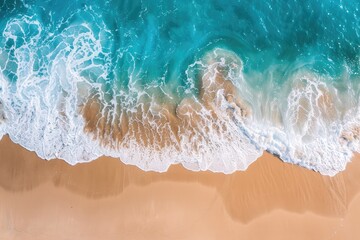 Top view of Summer seascape beautiful waves, blue sea water in sunny day. Summertime Amazing tropical nature background. Mediterranean bright sea bay, waves splashing beach sandy coast