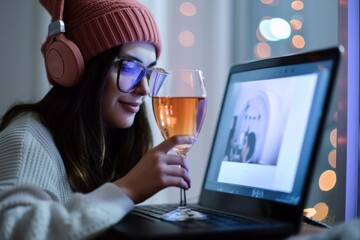 Wall Mural - girl enjoying a glass of wine while surfing the internet