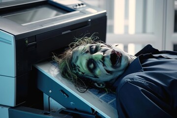 Gloomy man with zombie makeup keeping head on screen of xerox machine Gloomy man with zombie greesepaint on face keeping head on screen of xerox machine