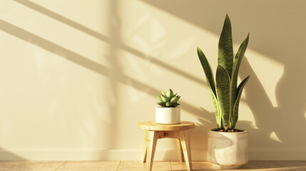 Wall Mural - 
3D rendering of a wooden side table with potted plants and a snake plant in a white pot on a light beige wall background. A minimal home interior design of a modern living room