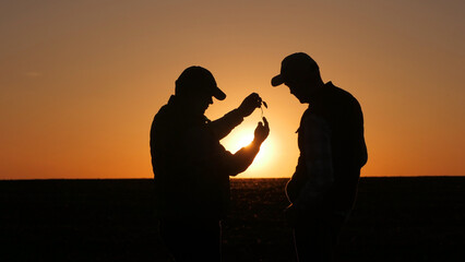 In the glow of the picturesque sunset, two farmers inspect a sprout in a field.