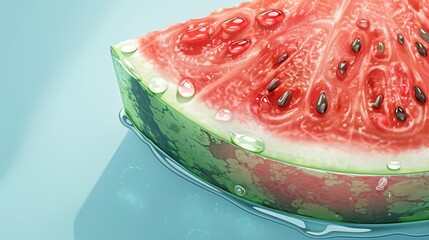 Close-up of a juicy watermelon slice with water droplets on blue background