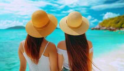 Wall Mural - Two women wearing straw hats are sitting on the beach. The sun is shining brightly, and the water is calm. Scene is relaxed and carefree, as the women enjoy their time together on the beach