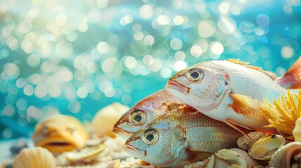 Canvas Print - Fresh fish resting on a bed of seashells with a sparkling blue sea background. Perfect for ocean and seafood-themed designs. Vibrant and colorful illustration. Ideal for creative projects. AI