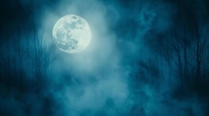 Wall Mural - A full moon illuminates the night sky, casting an eerie glow through a misty, foggy forest of bare trees.