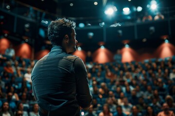 Sticker - Side view of a motivational speaker facing a large and diverse audience in a conference hall, lit by bright spotlights