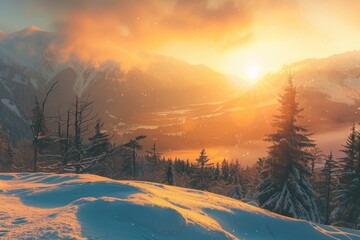 Wall Mural - A soft, orange sunset casts warm light over a snow-covered mountain range, creating a tranquil scene with wisps of fog in the valley below