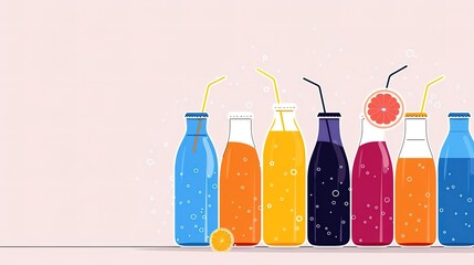 Colorful bottles with straws and fruit slices, perfect for summer drinks.