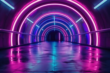 Wall Mural - Futuristic tunnel glowing with vibrant purple and blue neon lights reflecting on the ground