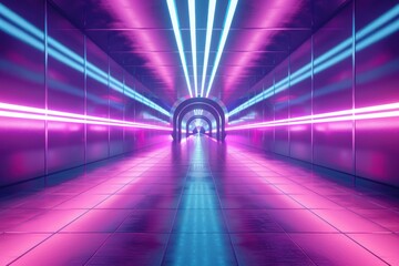 Wall Mural - Futuristic tunnel glowing with vibrant purple and blue neon lights reflecting on the ground