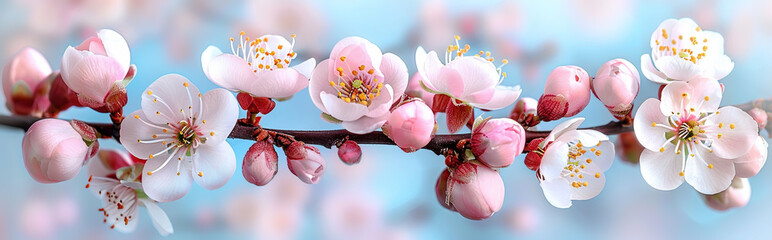 Wall Mural - Close-Up of Pink Cherry Blossom Flowers on a Branch with Soft Blue Background