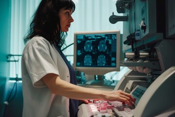 Poster - Female doctor working on ultrasound scanning machine Female doctor working on modern ultrasound scanning machine at the medical clinic.