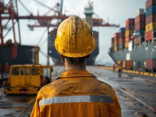 Wall Mural - Worker in Yellow Safety Gear Overlooking Busy Shipping Port with Cargo Containers and Cranes