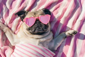 adorable pug wearing heart-shaped pink sunglasses, lying on pink and white striped blanket at the beach, top view, sunny day, travel and vacation